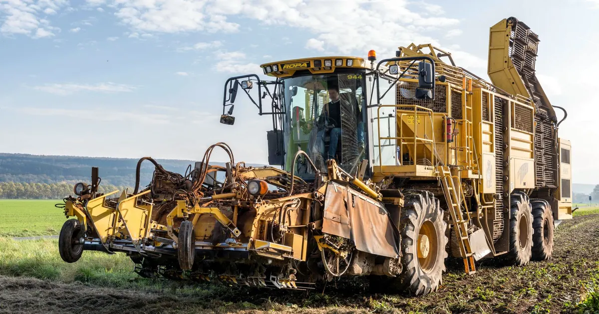 Yellow self-propelled harvester working a field, its welded steel frame, lifting gear and wheel arms visible, an example of agricultural weldments in service