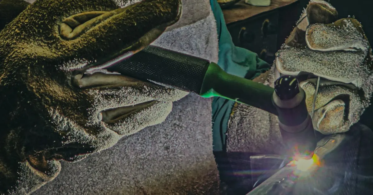 Gloved hands holding a TIG welding torch with a bright arc at the joint, the process often used for duplex stainless welding