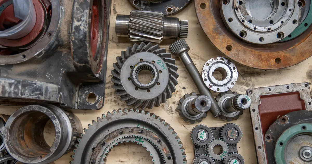 Disassembled gearbox parts laid out on a bench, with bevel gears, shafts, bearing carriers and a housing section, an example for a fabricated gearbox housing